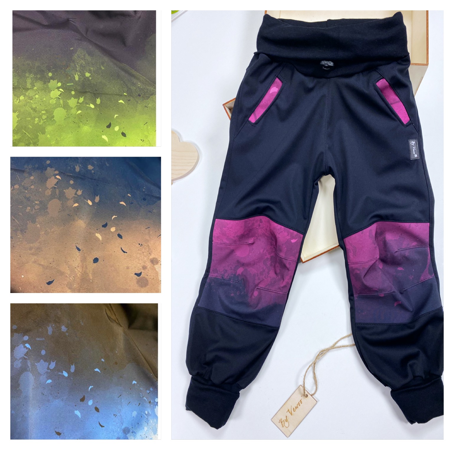 BARVA MODRÁ/ČERNÁ - Rostoucí, ODLEHČENÉ Softshellové kalhoty  na období jaro/léto/podzim- "SOFŤOUŠKY" materiál : PRUŽNÝ ODLEHČENÝ SOFTSHELL - Vzor, s kapsami, prošitá VYZTUŽENÁ KOLENA- více velikostí