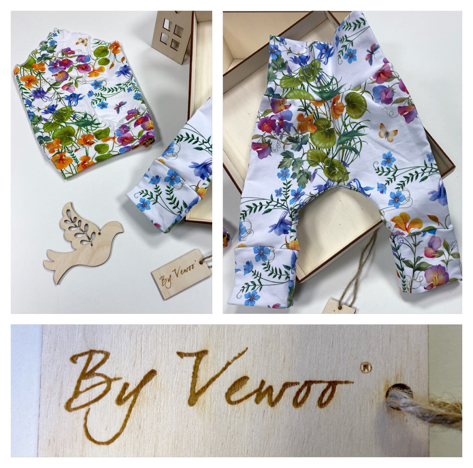 Zvýhodněný dětský setík - lehký šátek s dvojitým lemem kolem uší za výhodnou cenu plus rostoucí baggy - "VEBAGGOUŠKY" materiál : teplákovina Kvítka/motýlci - velikost 62/68