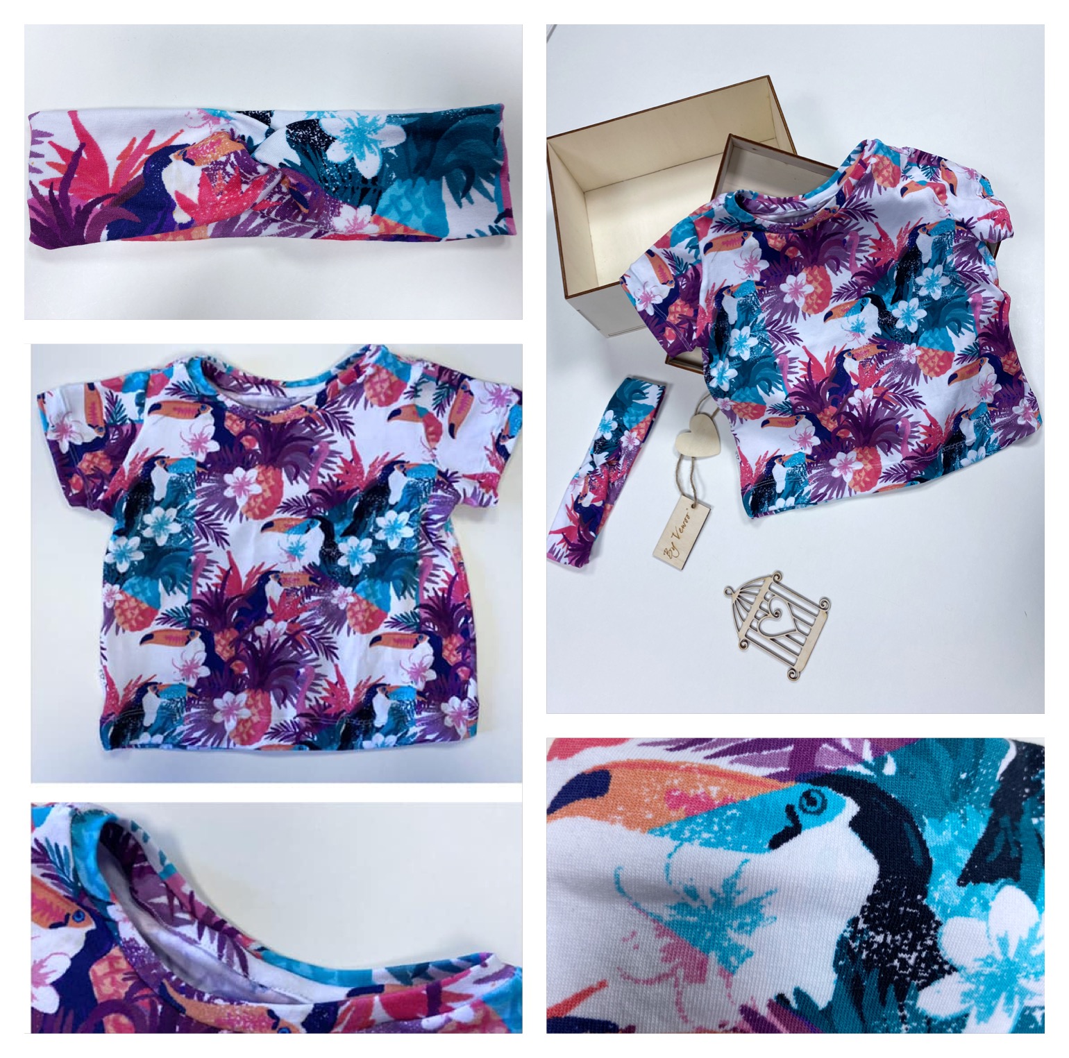 Zvýhodnění setík - čelenka plus Bavlněné tričko - vzor TUKANI -kvalitní úplet, volnější sty - velikost 80/86