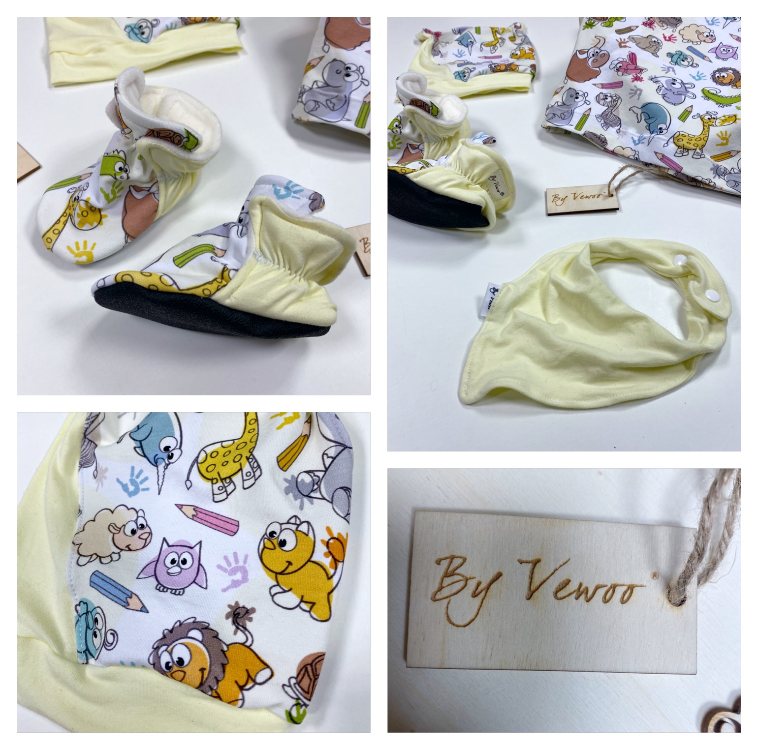 Zvýhodněný dětský set - Bačkůrky/Capáčky + slintáček/nákrčník “řaseňák” +Čepička “Ouško” včetně Bavlněného trička - vzor ZVÍŘÁTKA/ŽLUTÁ -kvalitní úplet, volnější styl - velikost 80/86