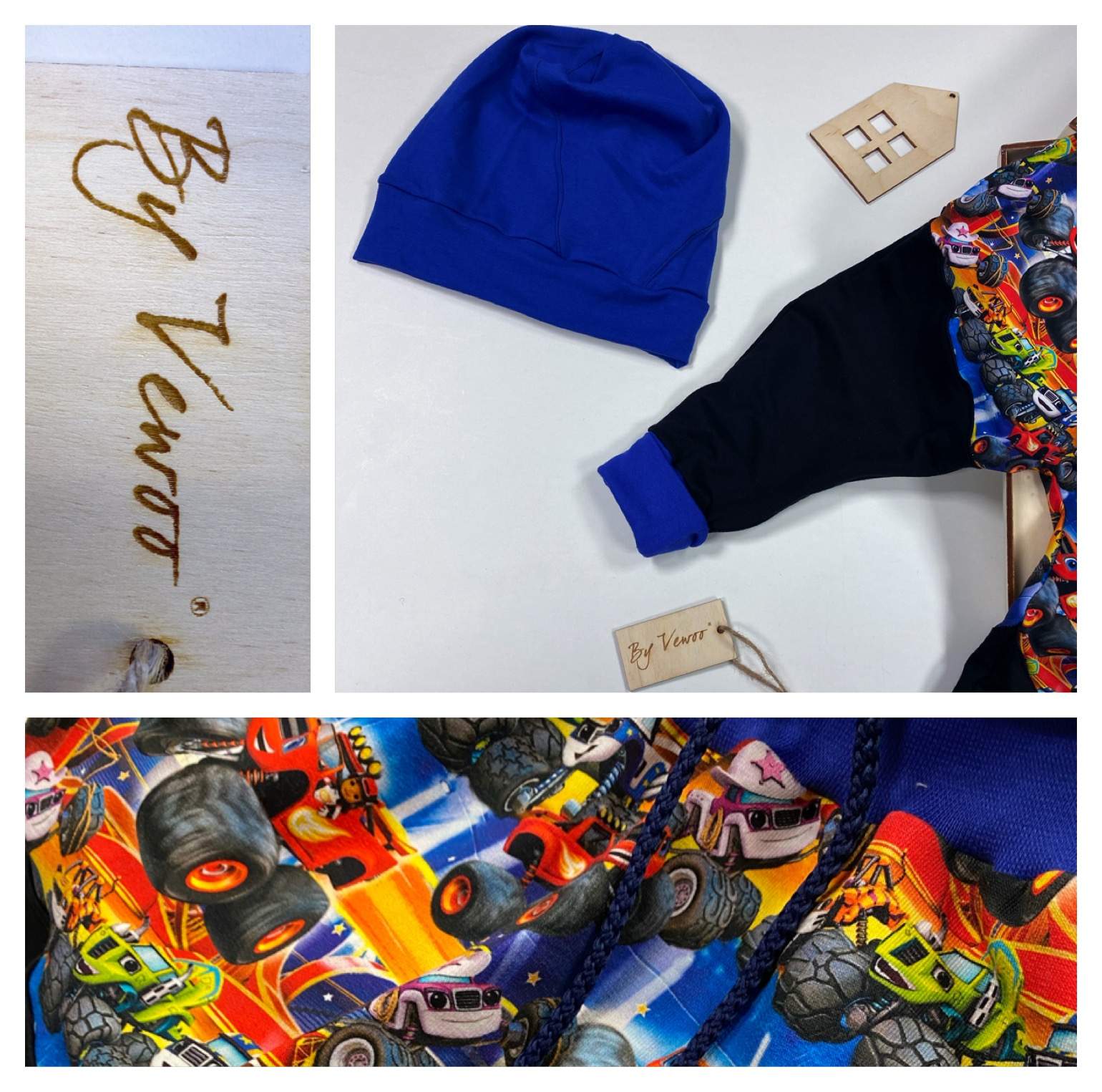 Zvýhodněný set pro chlapáky:) - Čepice s dvojitým lemem plus Rostoucí baggy - "VEBAGGOUŠKY" materiál : teplákovina MONSTERTRUCKS/ČERNÁ - velikost 98/104
