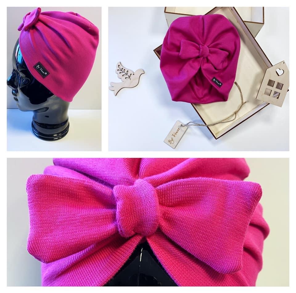 ČEPIČKA “MAVEŠLIČKA” ala turbánek - dvouvrstvá čepice s ozdobnou mašličkou - barva SYTÁ RŮŽ