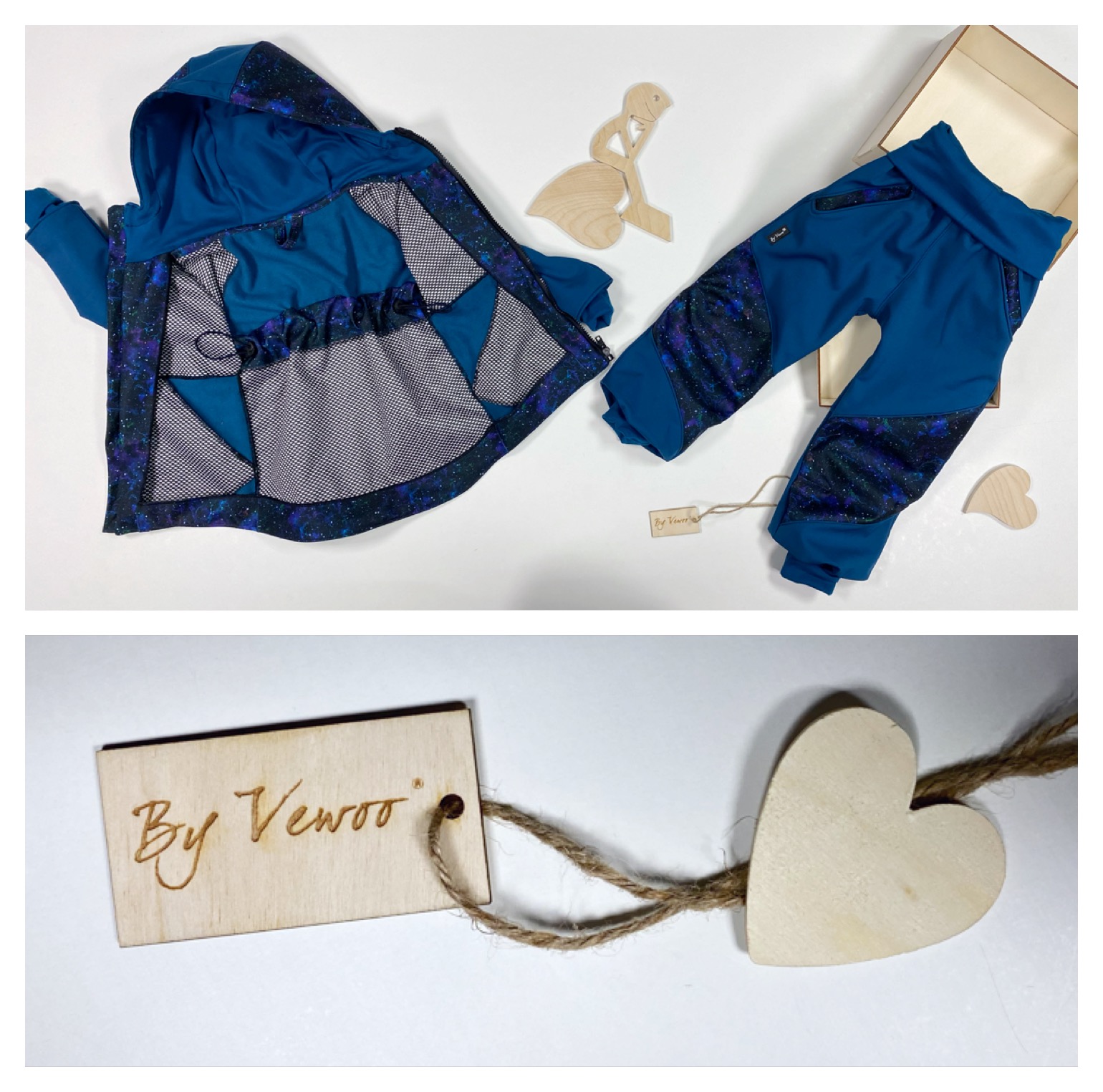 Rostoucí softshell souprava - Bunda s kapucí plus kalhoty - odlehčený softshell - Petrolej/galaxie vesmír velikost 92/98