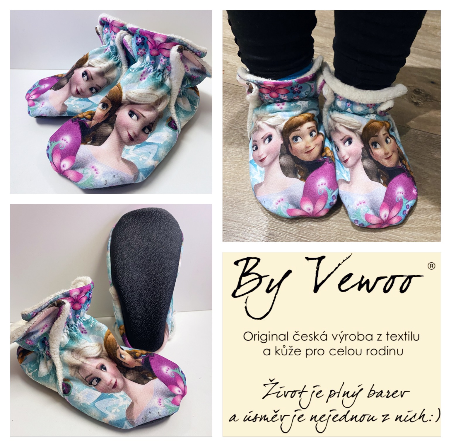 Bačkůrky barefoot bosonožky barefoot, ťapky, nízké capáčky prošité hřejivým microfleece - vzor ANNA A ELSA LEDOVÉ KRÁLOVSTVÍ - velikost 11cm - 13cm - 15cm - 17cm - 19cm