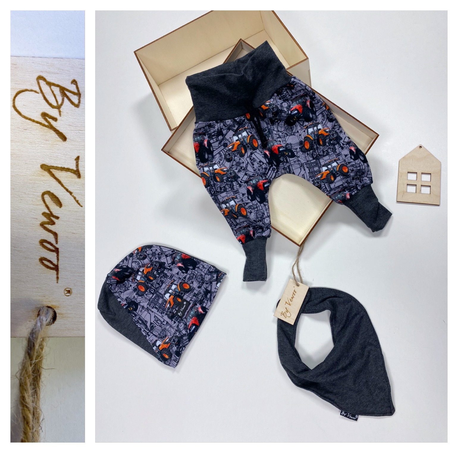 Bavlněný, Zvýhodněný dětský setík - Stylová čepička včetně slintáčku plus Rostoucí baggy - "VEBAGGOUŠKY" materiál : teplákovina TRAKTOR - velikost 62/68 