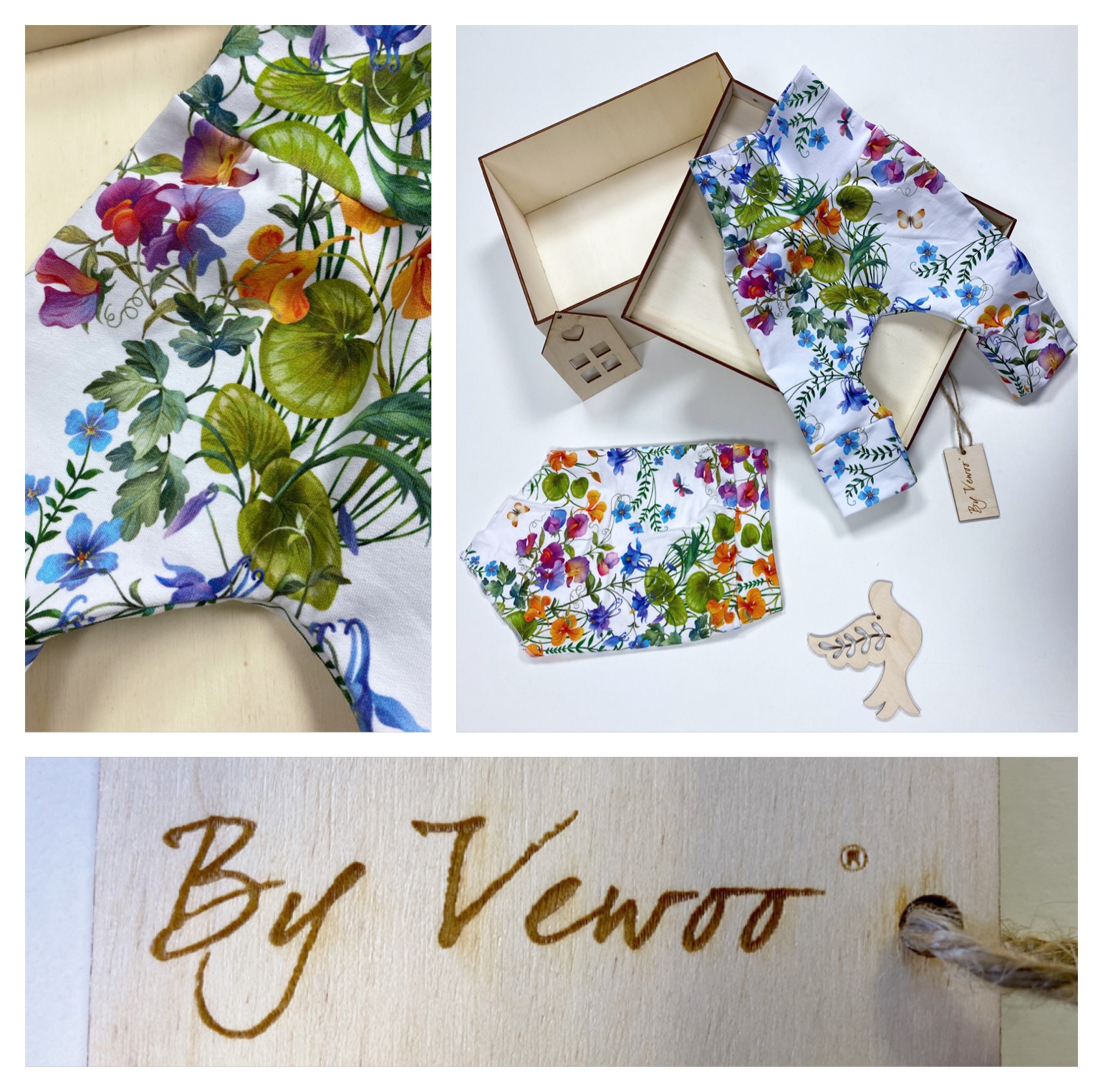 Zvýhodněný dětský setík - lehký šátek s dvojitým lemem kolem uší za výhodnou cenu plus rostoucí baggy - "VEBAGGOUŠKY" materiál : teplákovina Kvítka/motýlci - velikost 62/68