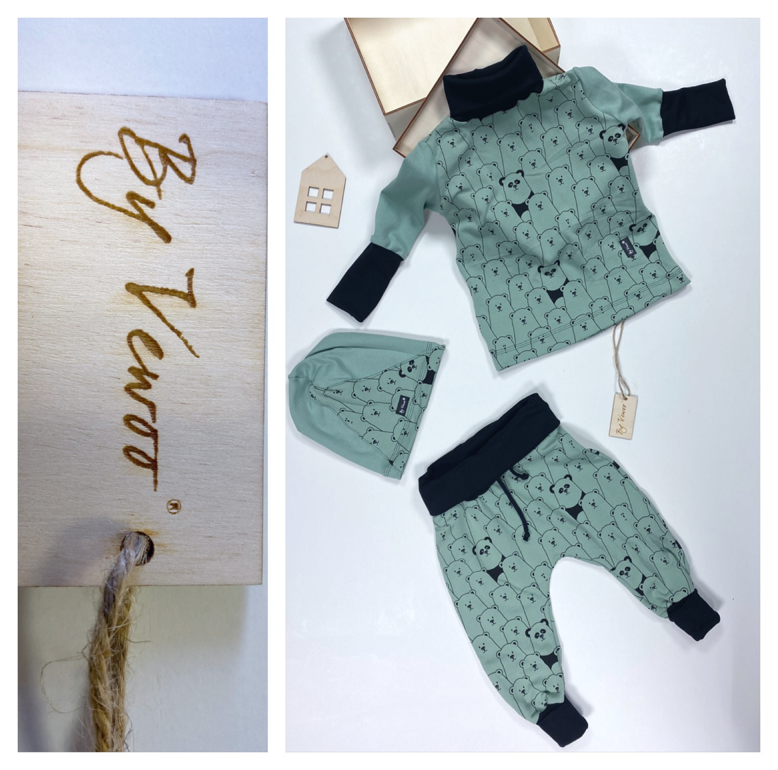 Dětský setík - NOVINKA dlouhý freestyle rolák včetně čepičky plus Rostoucí baggy - "VEBAGGOUŠKY" materiál : teplákovina Medvídci na jemné zelené - velikost 86/92