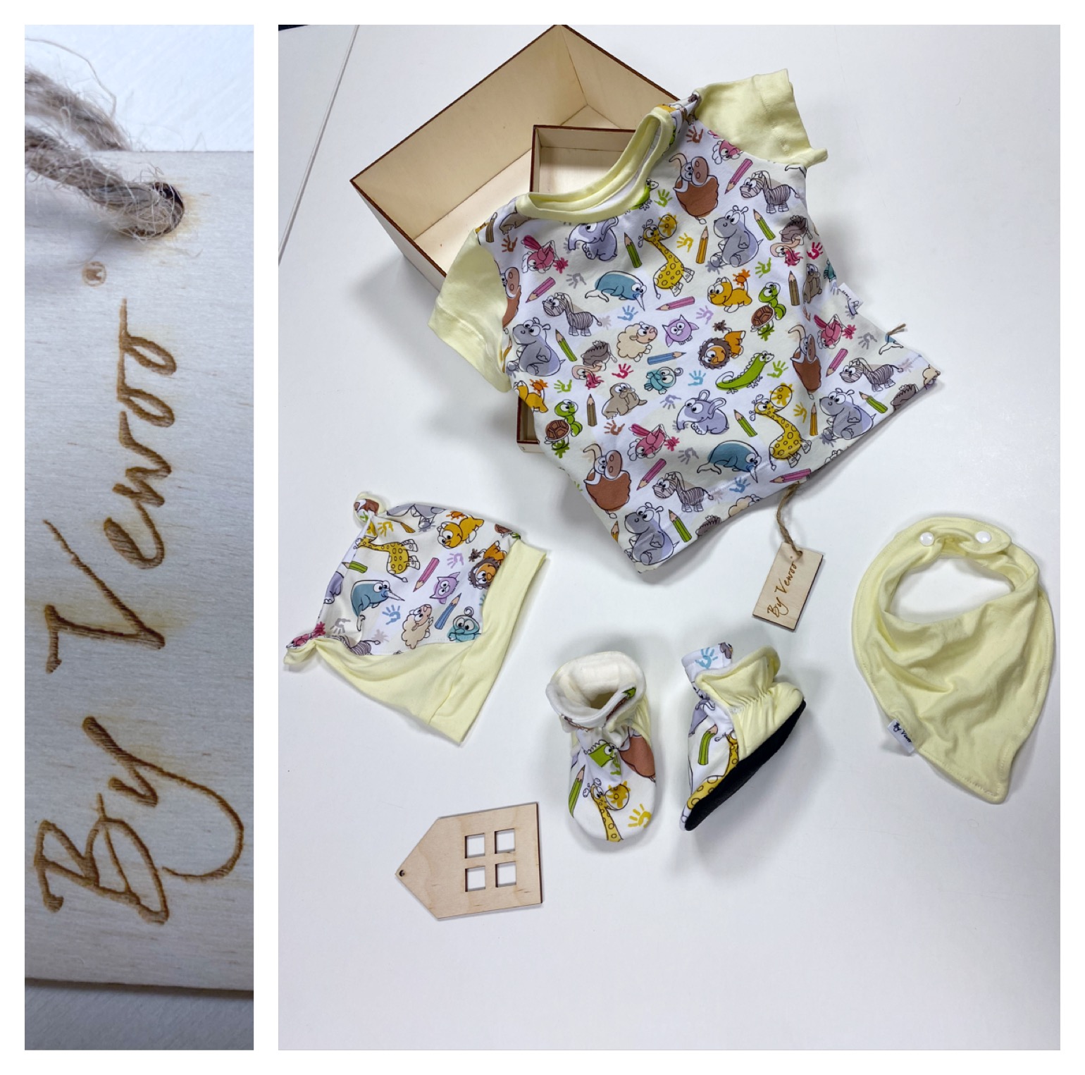 Zvýhodněný dětský set - Bačkůrky/Capáčky + slintáček/nákrčník “řaseňák” +Čepička “Ouško” včetně Bavlněného trička - vzor ZVÍŘÁTKA/ŽLUTÁ -kvalitní úplet, volnější styl - velikost 80/86