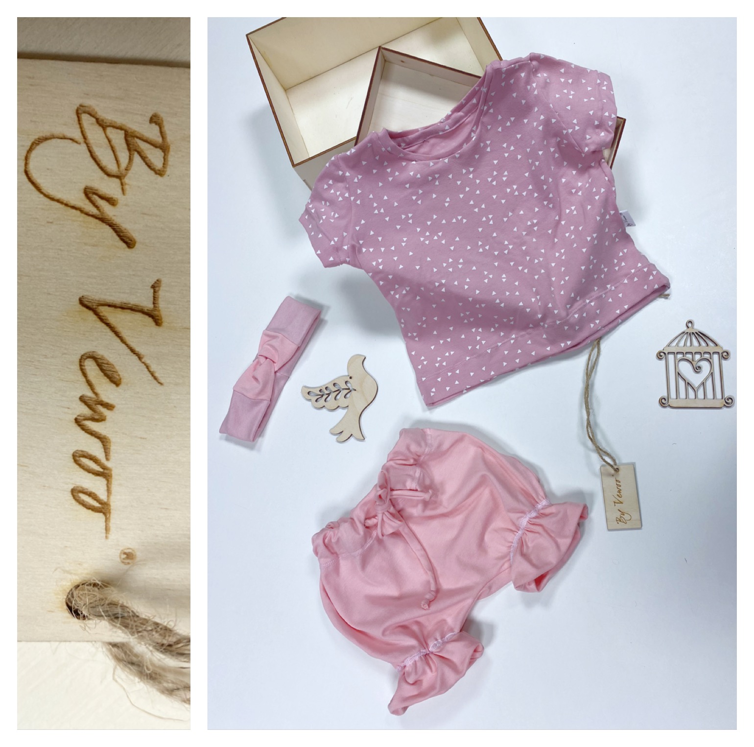 Zvýhodněný set - Kraťásky “Řaseňásky” + ČELENKA  plus Bavlněné tričko vzor růžové s bílými trojúhelníčky, volnější styl trička 80/86