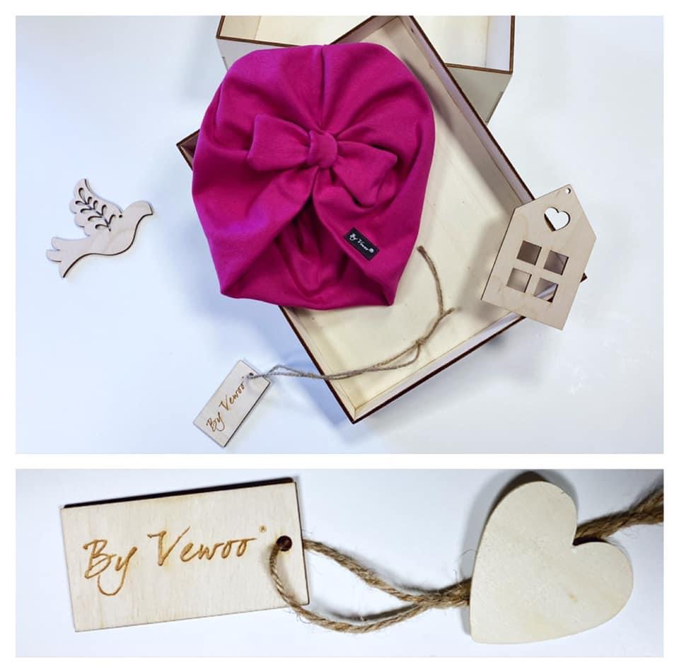 ČEPIČKA “MAVEŠLIČKA” ala turbánek - dvouvrstvá čepice s ozdobnou mašličkou - barva SYTÁ RŮŽ