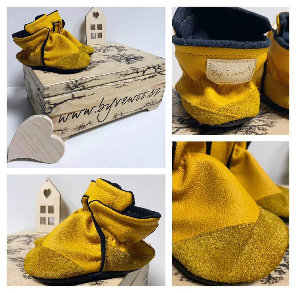 KOŽENÉ CAPÁČKY - odstín HOŘČIČNÁ - “Kožkyťapky” :), prošívané bavlnou, odolná špička protiodření - více velikostí - 13,5cm