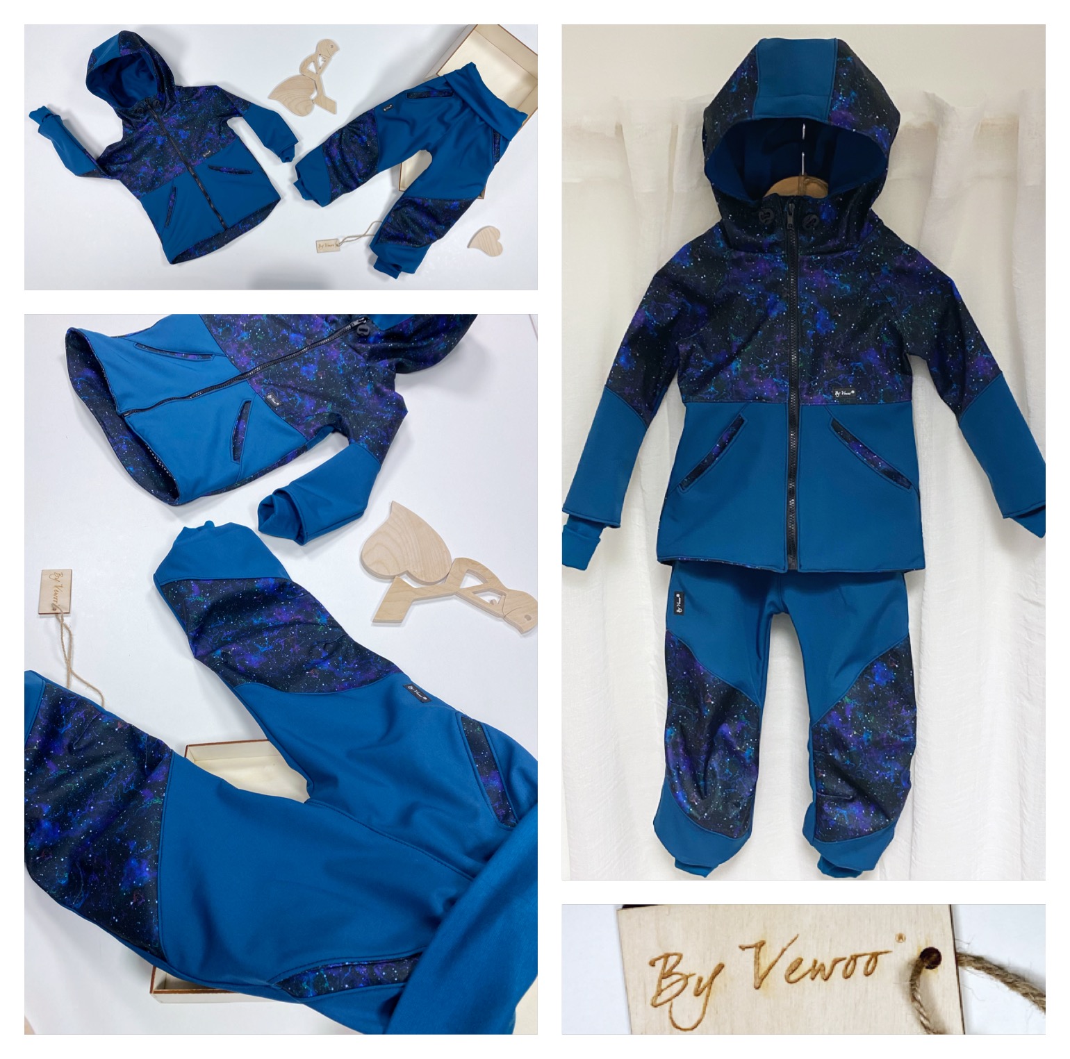 Rostoucí softshell souprava - Bunda s kapucí plus kalhoty - odlehčený softshell - Petrolej/galaxie vesmír velikost 92/98