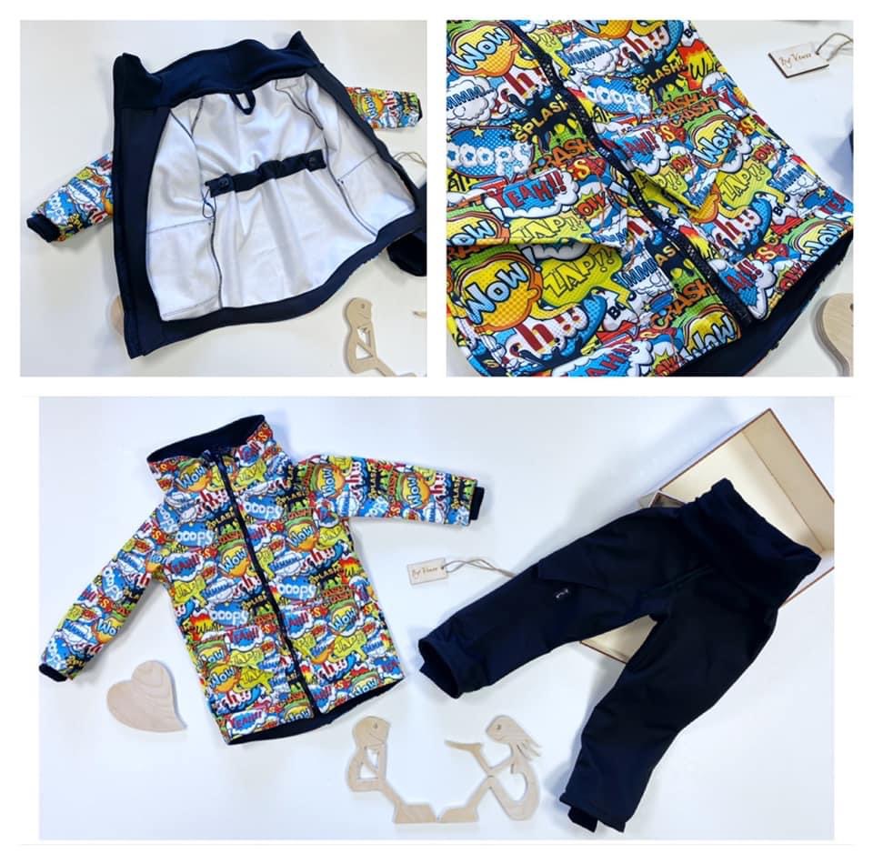 Rostoucí softshell souprava - odlehčený softshell - Bunda se stojáčkem a kapsami plus kalhoty - 98/104