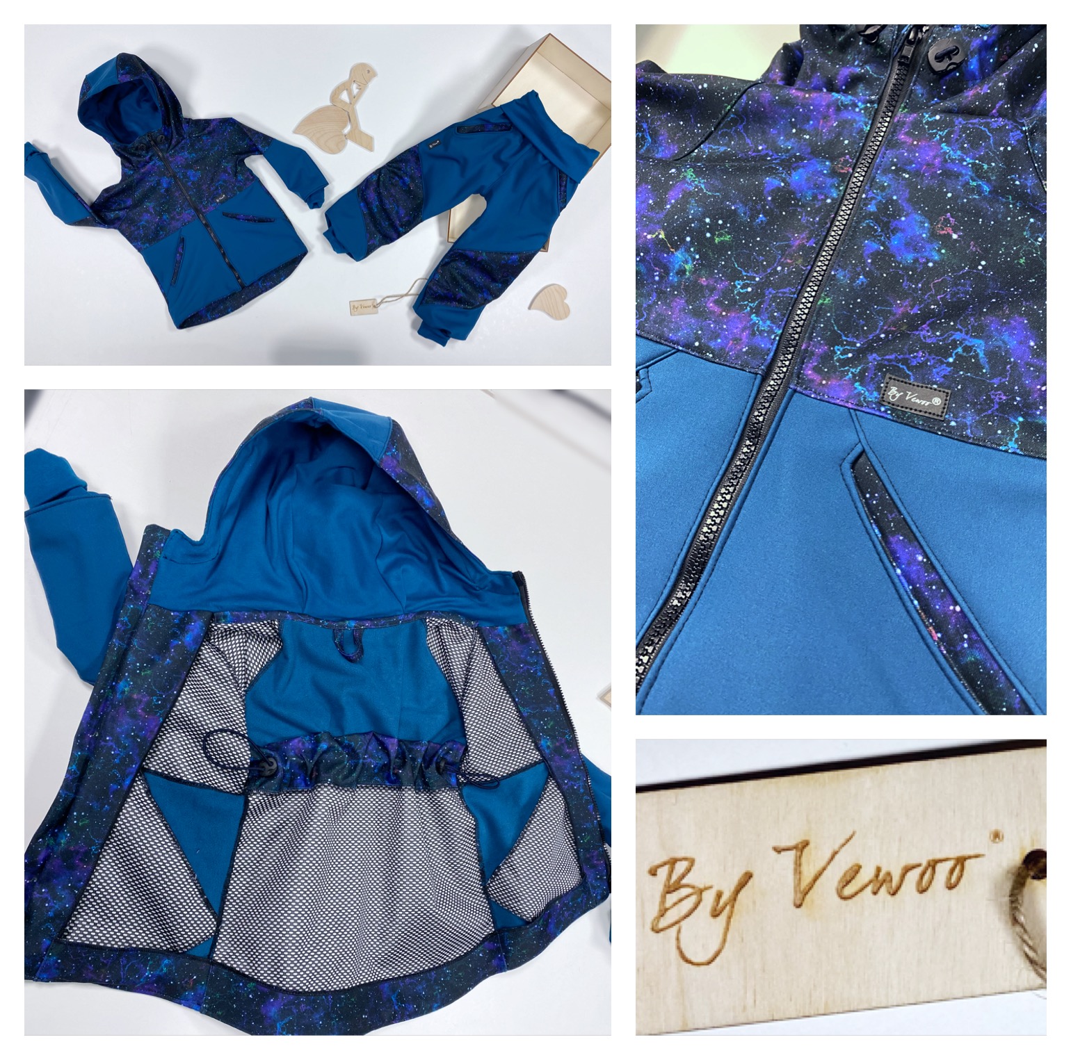 Rostoucí softshell souprava - Bunda s kapucí plus kalhoty - odlehčený softshell - Petrolej/galaxie vesmír velikost 92/98